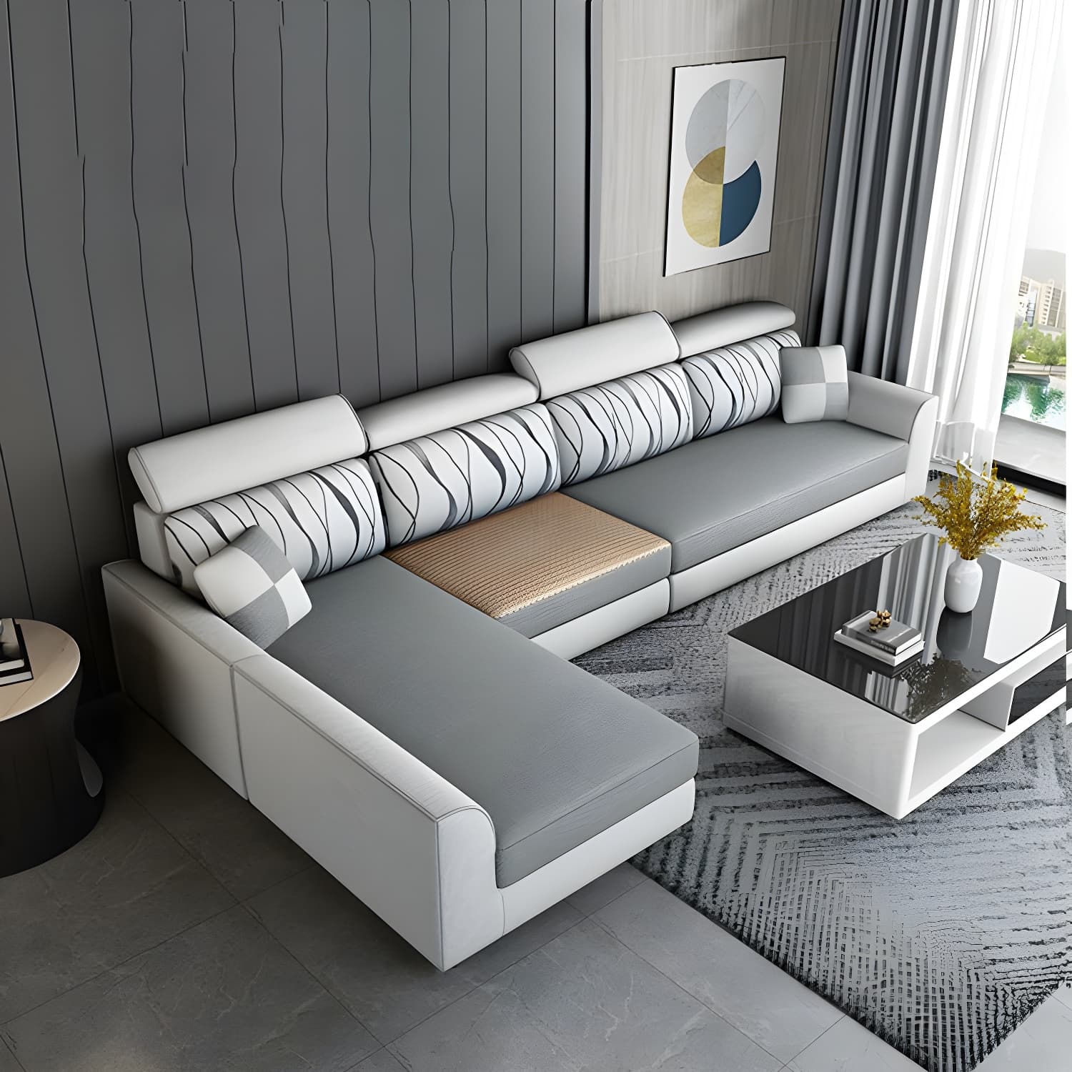 Modern L-Shape Reversible Wood Frame Sectional Sofa Chaise Set thumbnail 16