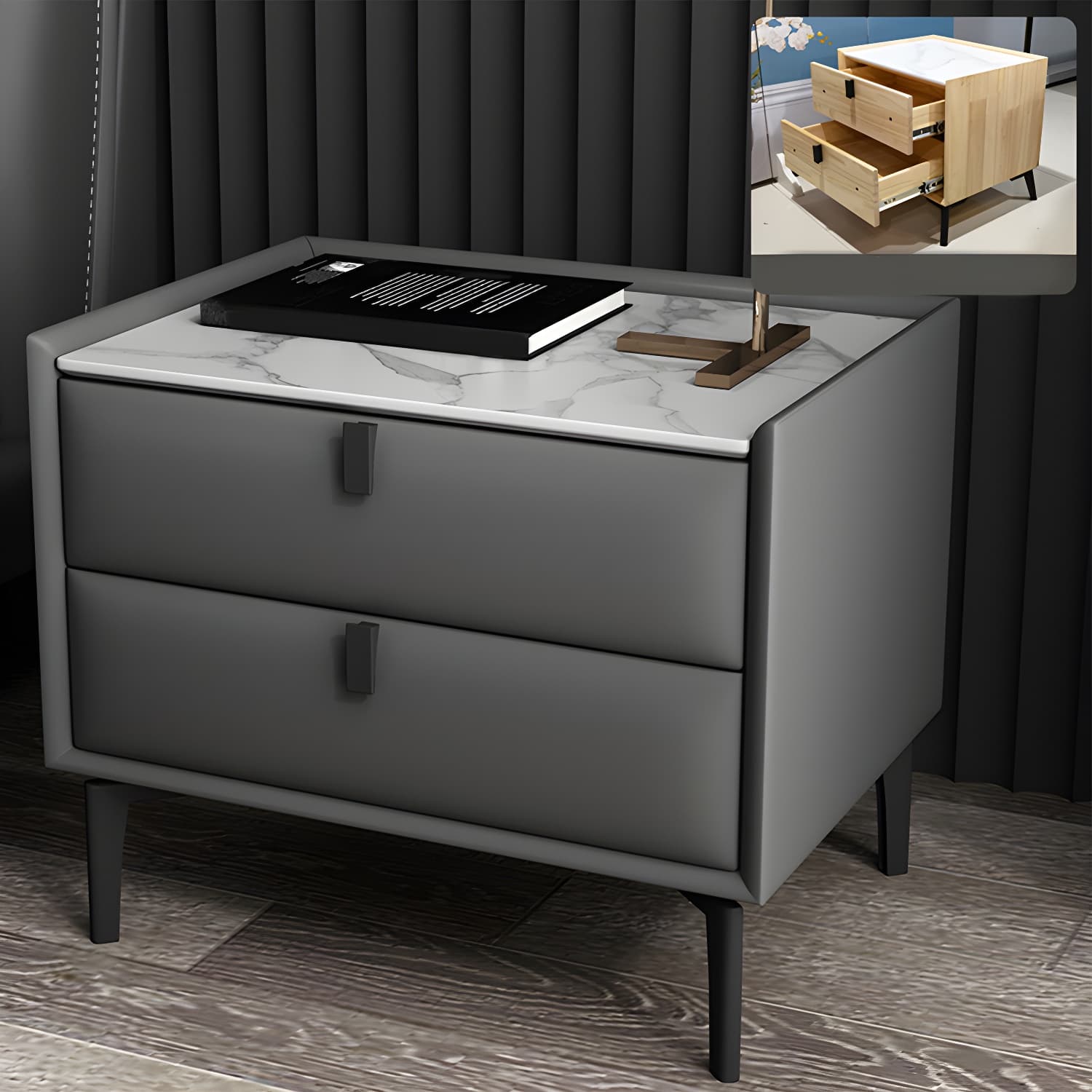 Solid Wood Bedside Table, Modern 2 - Drawer Stone Top Nightstand thumbnail 14