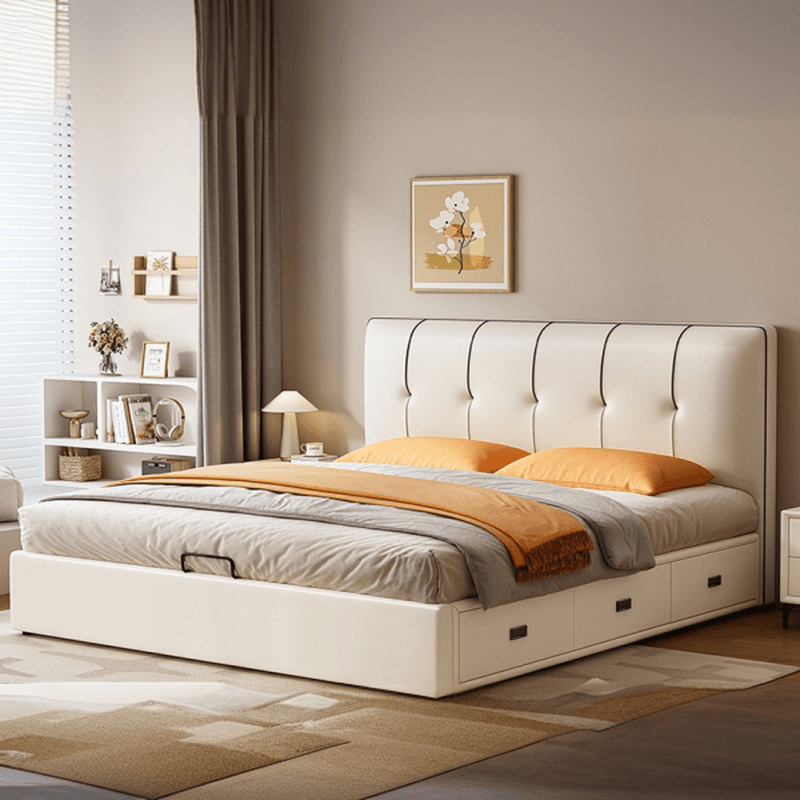 Cream Solid Color Storage Included Bed with 3 Storage Boxes for Bedroom thumbnail 1