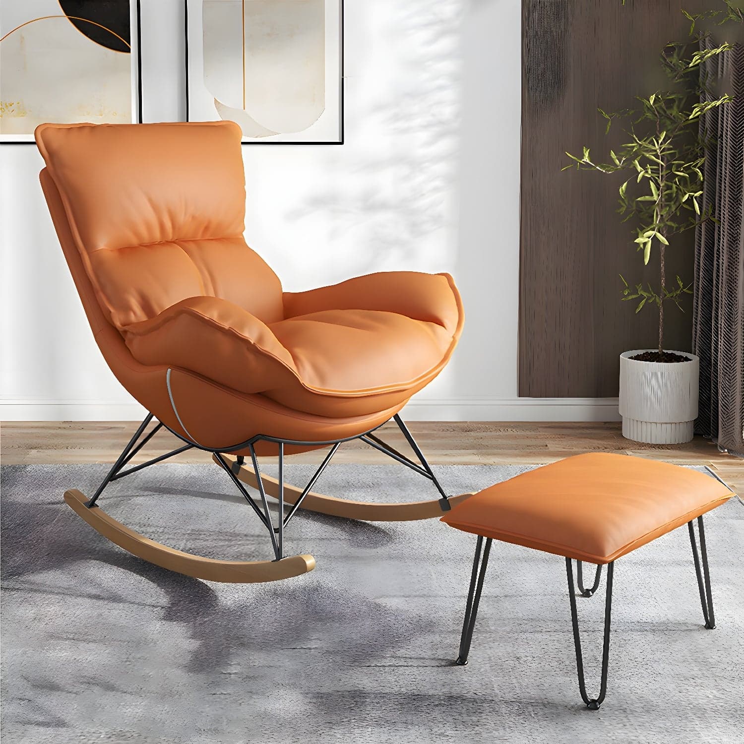 Modern Upholstered Rocking Chair and Ottoman Set - Natural Wood Legs, Stylish Design for Home Decor thumbnail 5