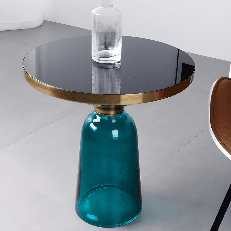 Simplistic Single Side Table with Hardened Glass and Plinth Base, Rounded Top thumbnail 1