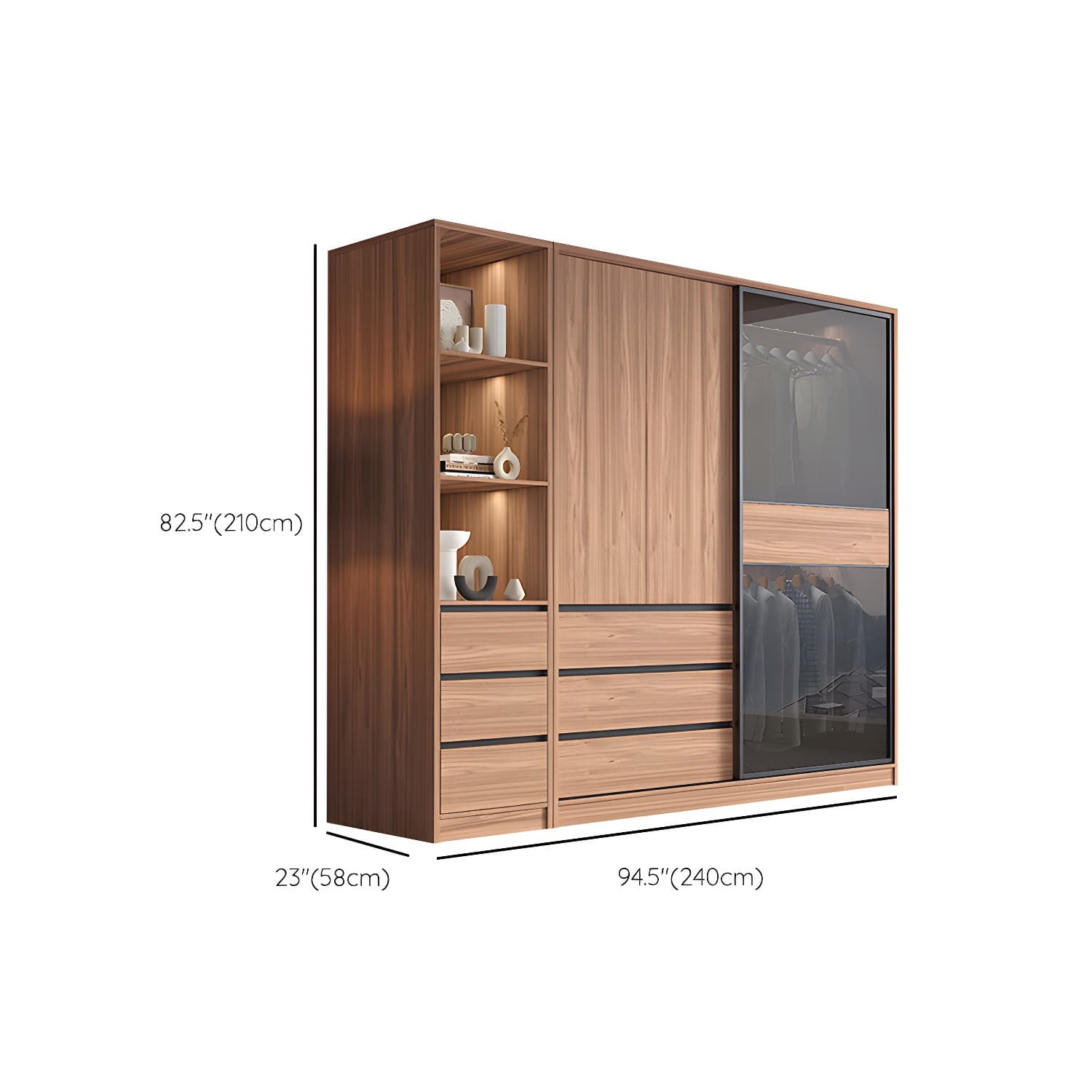 Glass and Wood Wardrobe Cabinet Brown Wardrobe Armoire with Garment Rod thumbnail 25