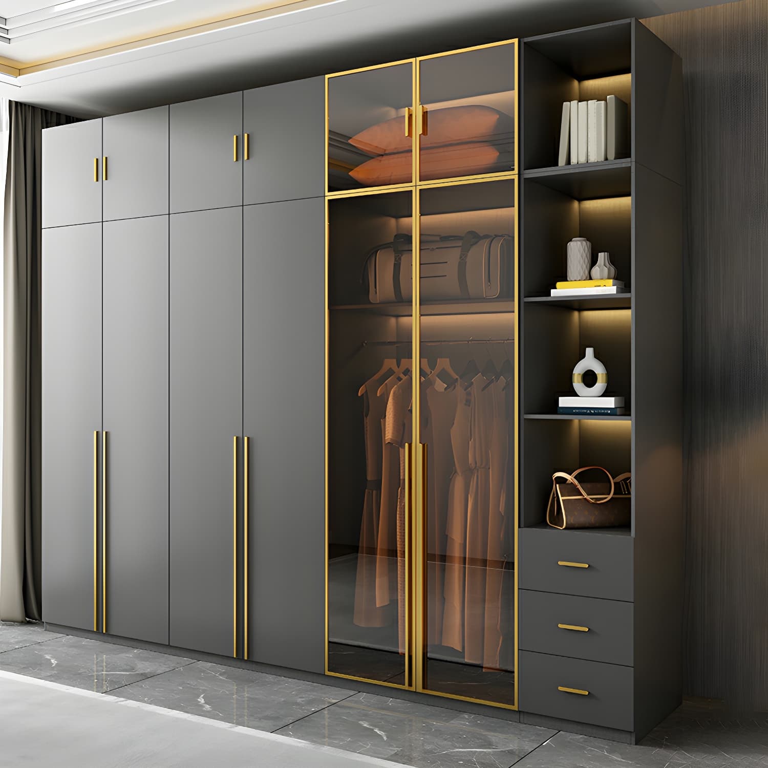 Modern Black Wood Wardrobe Armoire with Soft-Close Drawers & Clothing Rod thumbnail 1