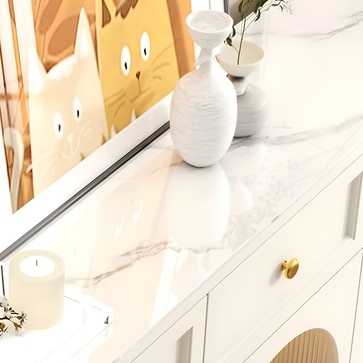 Scandinavian Wood Buffet Sideboard with Stone Countertop and Glass Doors thumbnail 7