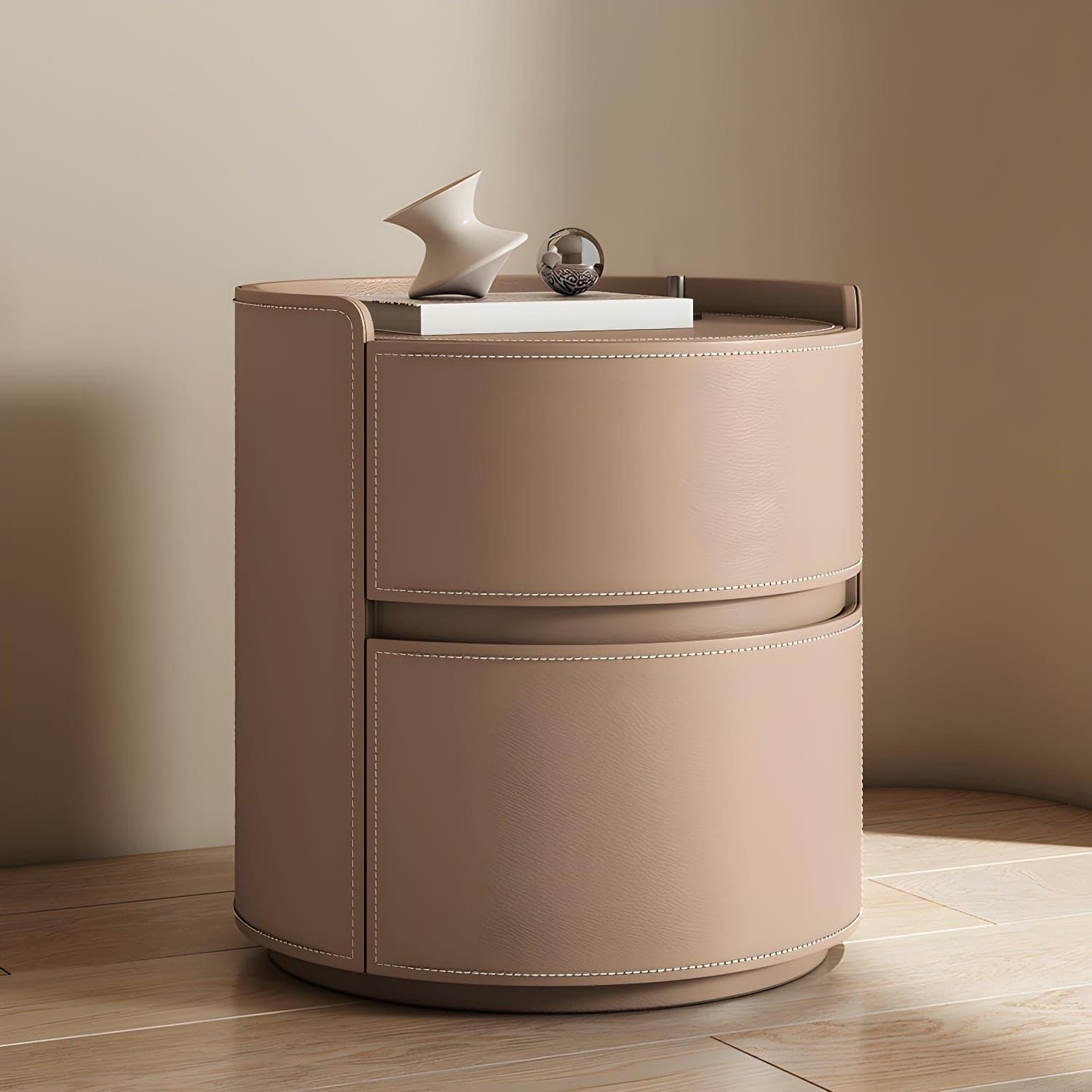 Modern Faux Leather Nightstand with 2 Drawers in Light Wood Tone thumbnail 5