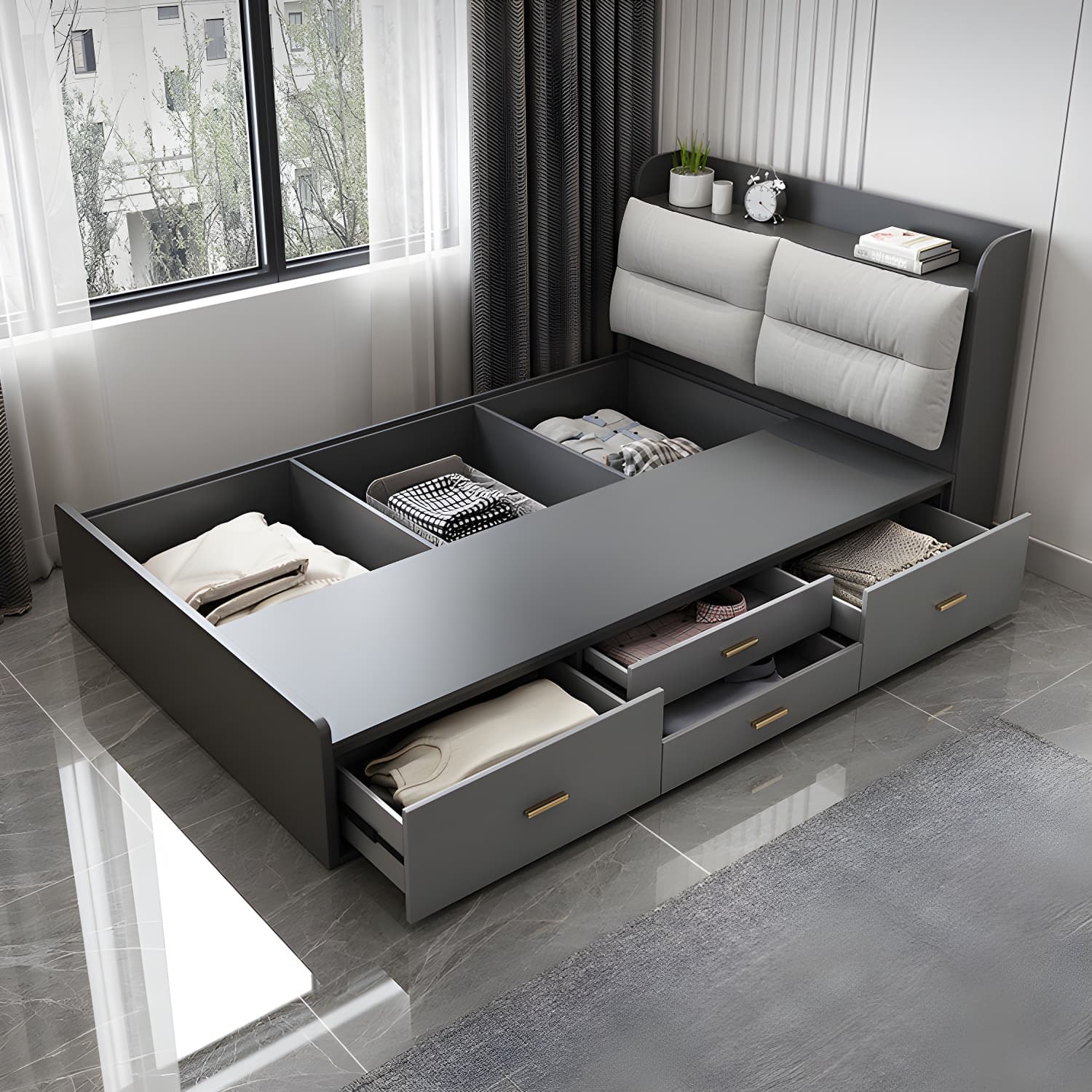 Scandinavian Low Profile Bed with Headboard Upholstered Bed with Drawers thumbnail 5
