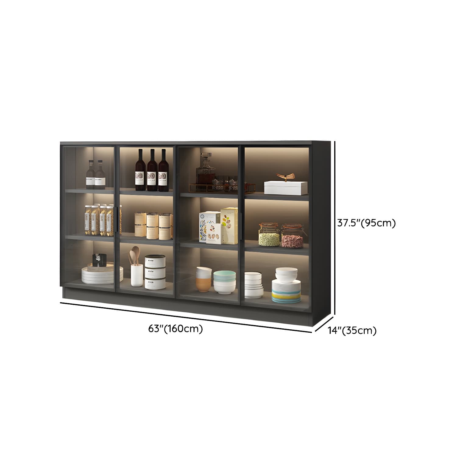 Black Modern Wood Sideboard Credenza with Glass Doors and Interior Shelves thumbnail 12