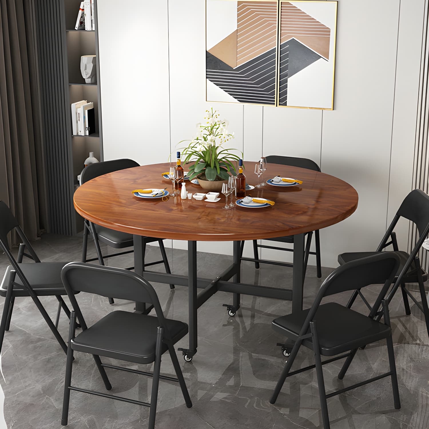 Modern Foldable Dining Table Round Wood Tabletop with Metal Legs thumbnail 8