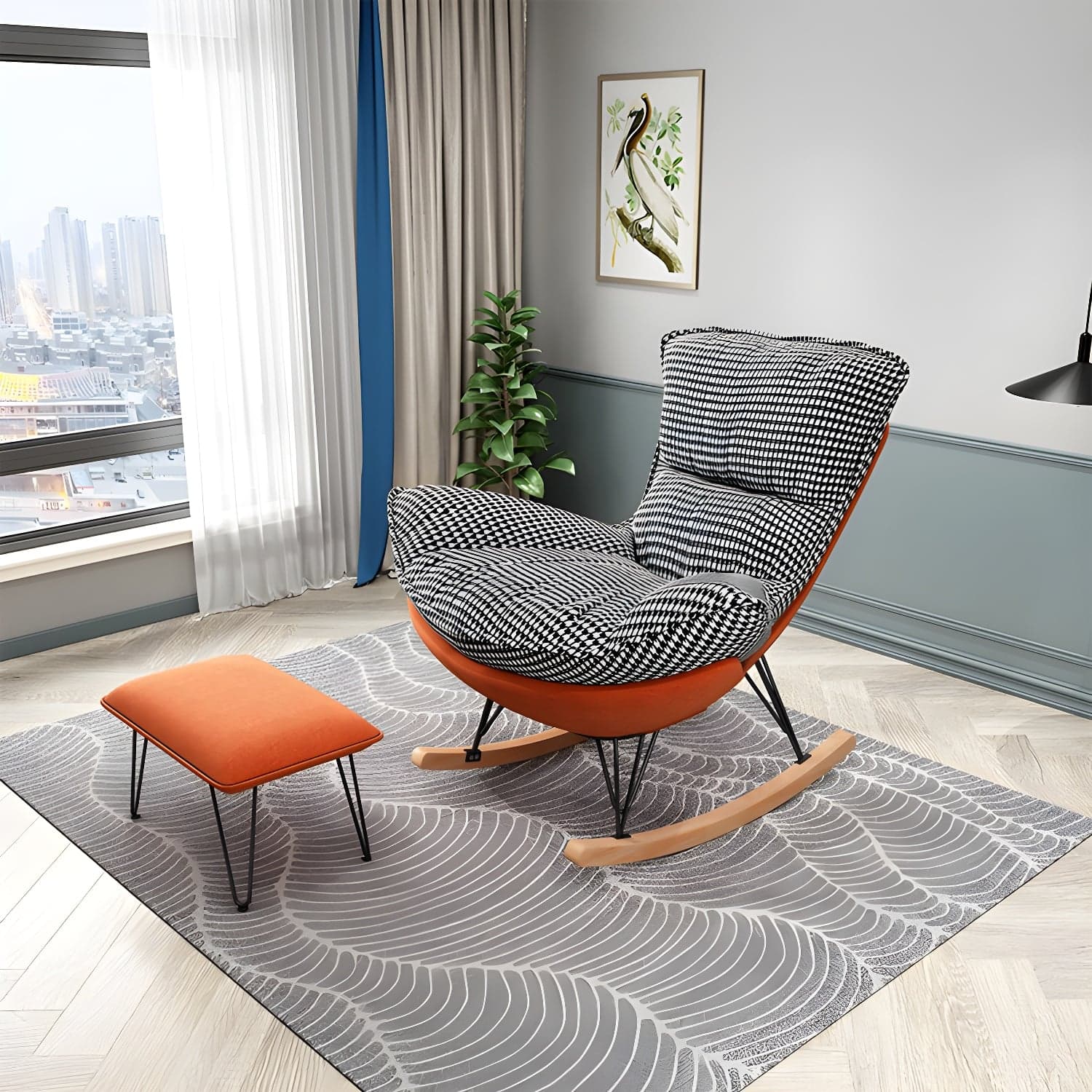 Modern Glider Chair Pure Color Metal Dark Legs Rocking Chair with Ottoman thumbnail 7