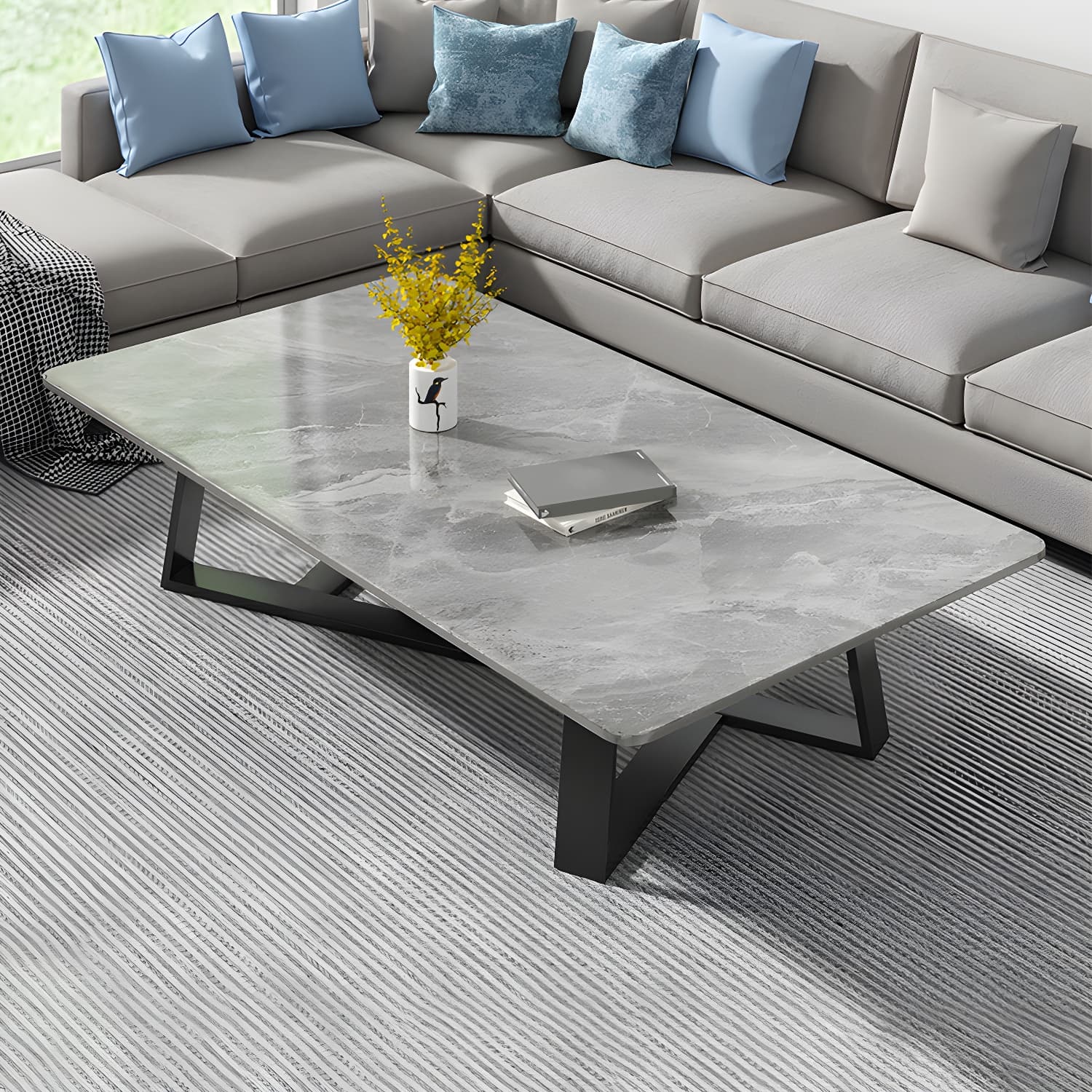 Stone and Metal Coffee Table Contemporary Coffee or End Table with Cross Legs thumbnail 14