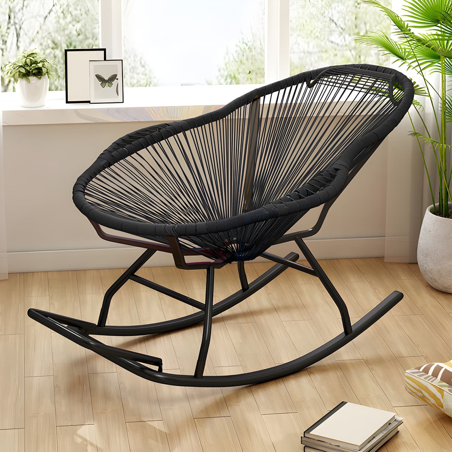 Rocking Accent Chair Wicker Contemporary Living Room Spindle Metal thumbnail 1