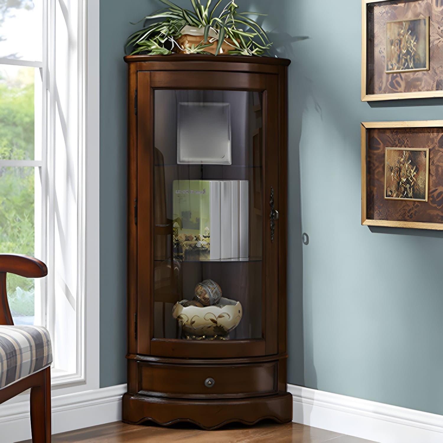 Industrial Triangle Accent Cabinet Solid Wood Storage Cabinet with Glass Doors thumbnail 2