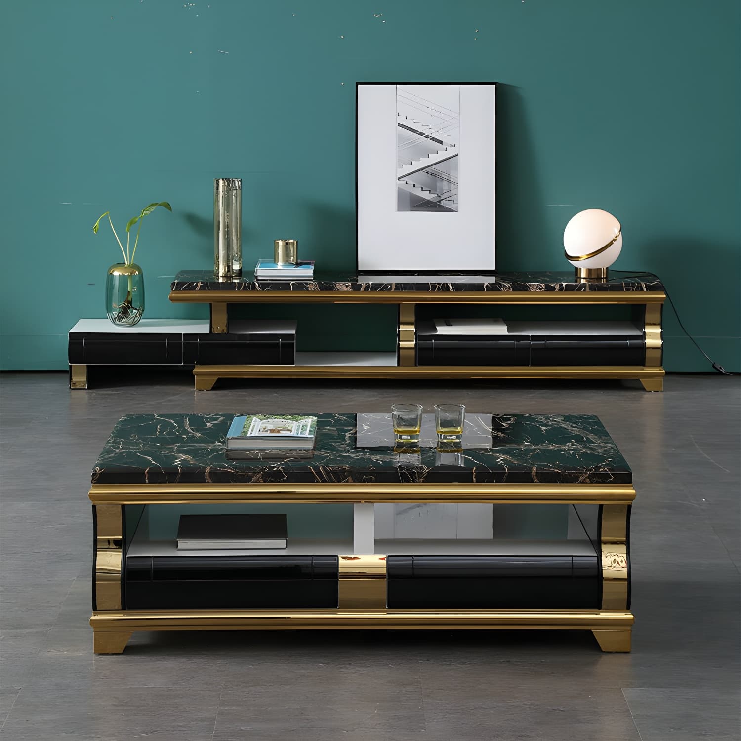 Marble Coffee or End Table with Storage Drawers Rectangle Block thumbnail 1