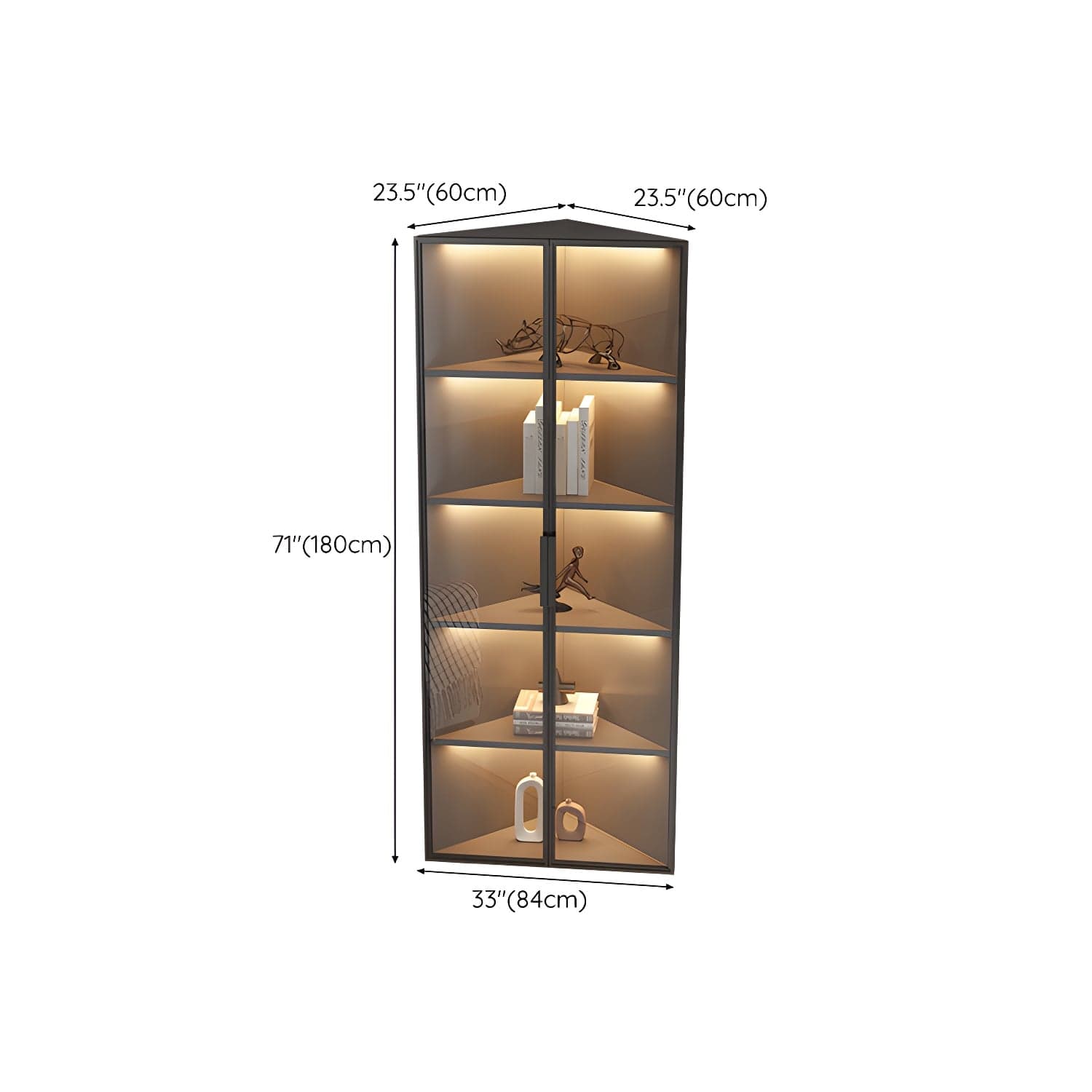 Corner Modern Accent Cabinet with Black Metal Base and Glass Doors, Black Wood Counter Top thumbnail 30