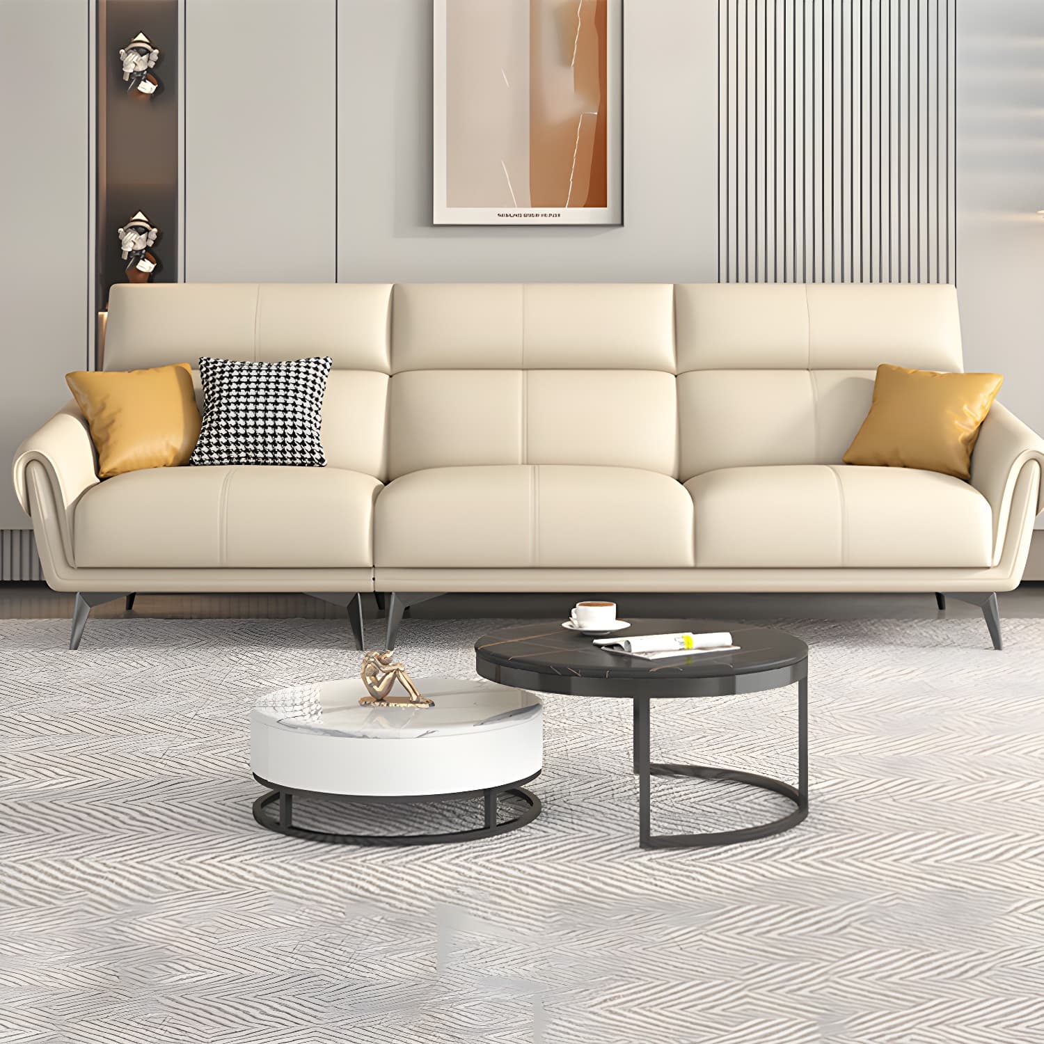 Faux Leather Flared Arm Sofa in Beige of 37.4" H with Cushions thumbnail 9