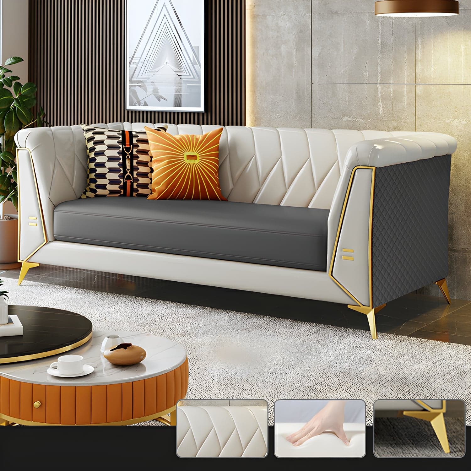 Glam Faux Leather Standard Sofa with Tuxedo Arms in Solid Color thumbnail 1