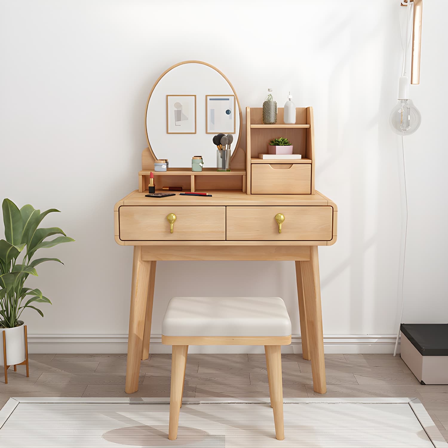 Scandinavian 3-Drawer Dressing Table Solid Wood Vanity Makeup Table Set thumbnail 7