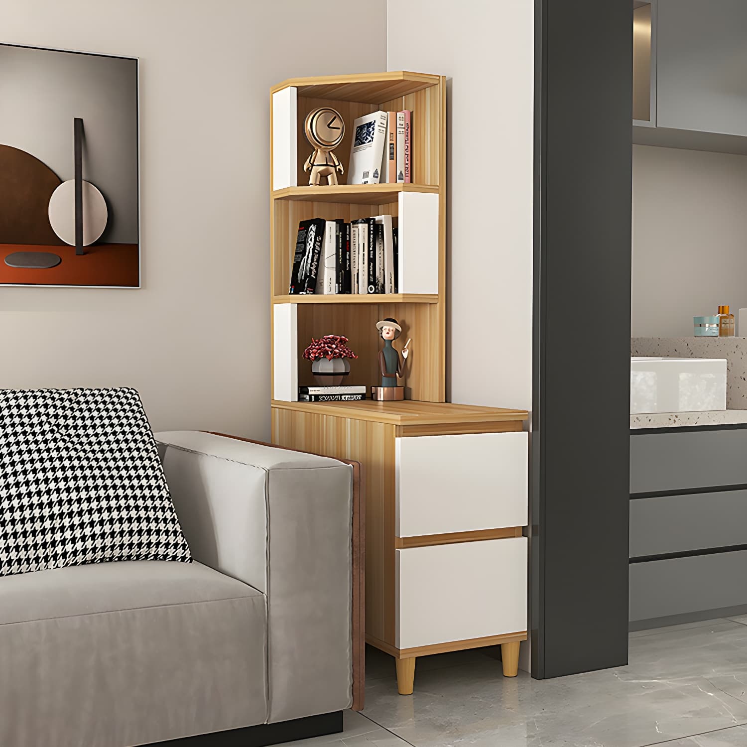 31" Wide Contemporary Corner 2 - Drawer Accent Chest with Shelves thumbnail 7
