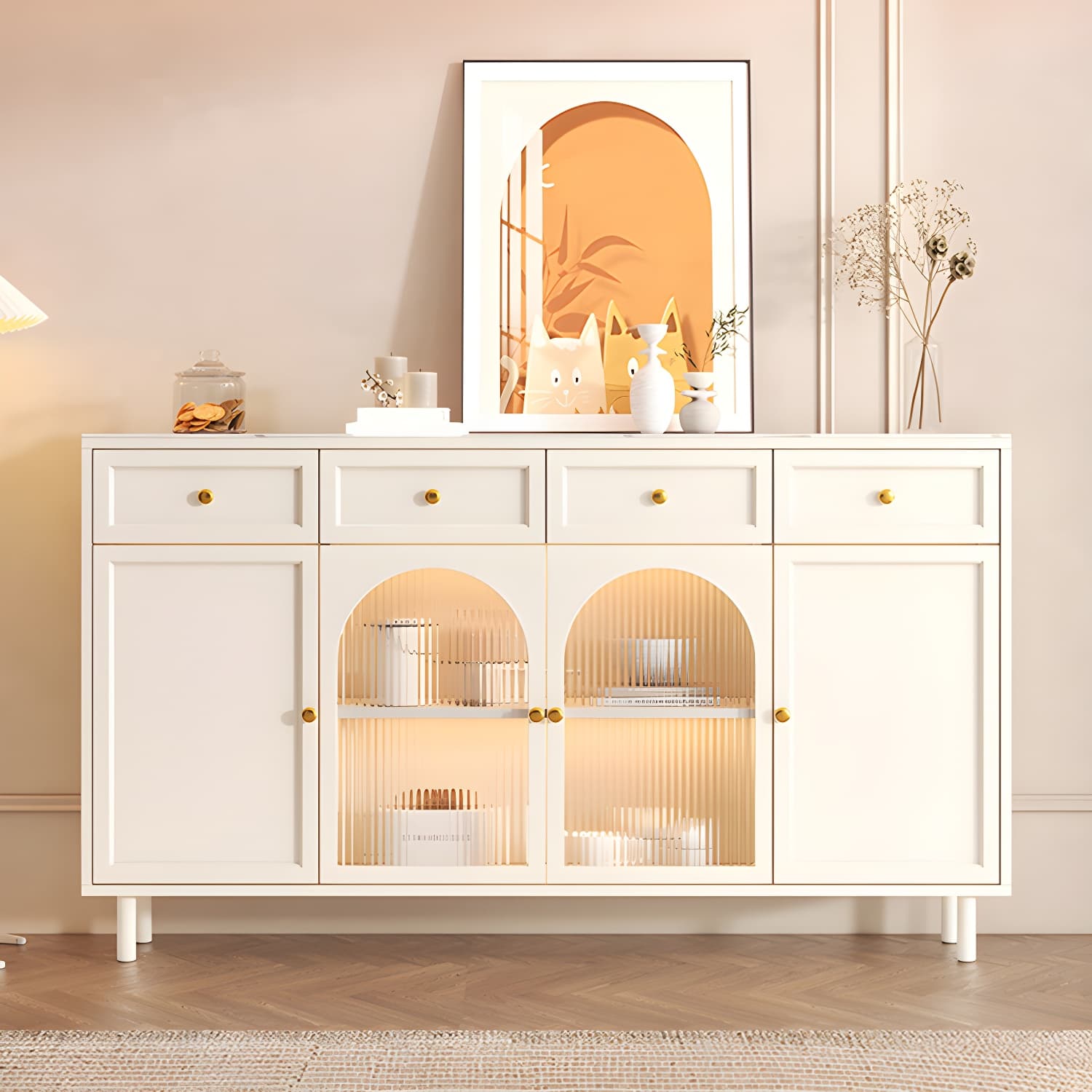 Wooden Buffet Server with Stone Countertop, Glass Doors, and Drawers thumbnail 7