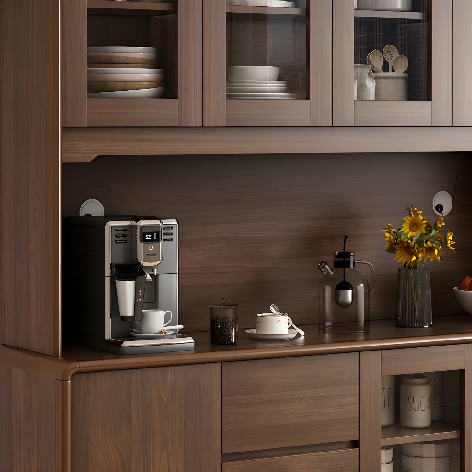 Modern Brown Wood Sideboard with Cabinets and Drawers - Stylish and Functional Buffet for Storage thumbnail 8