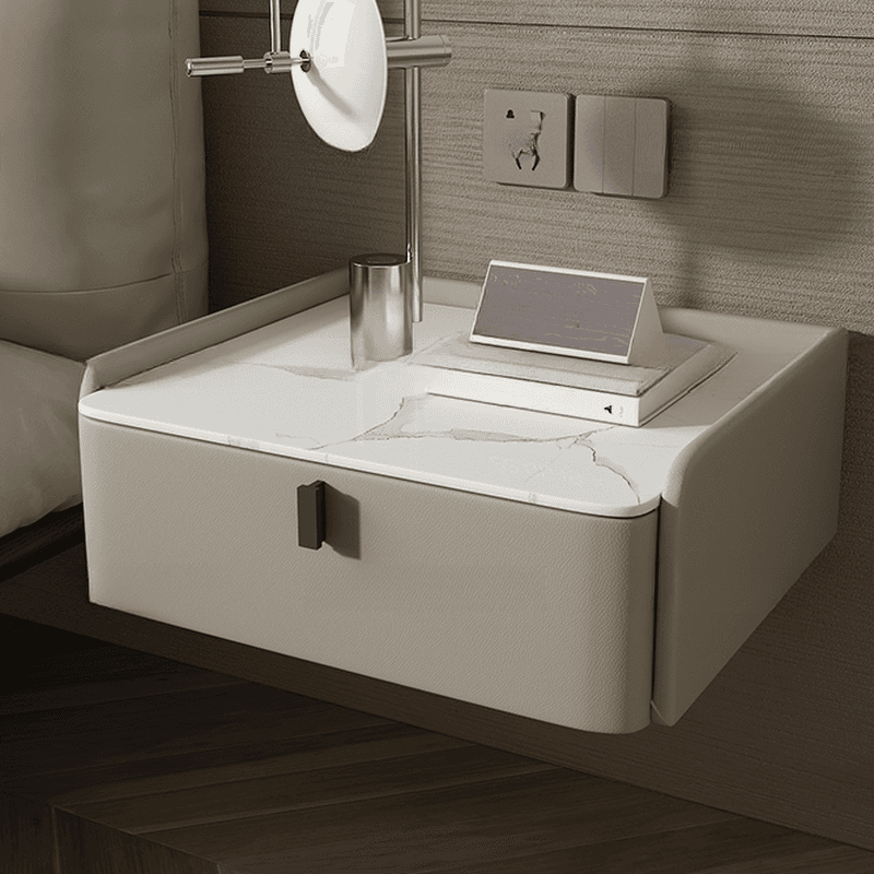 Organic Modern Bedside Cabinet Nightstand with 1 Drawer, Stone Countertop, and Hanging Shelf thumbnail 7