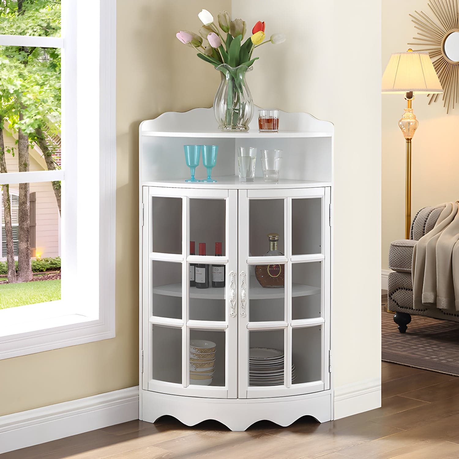 Corner Mid-Century Modern Accent Cabinet with Wood Countertop and Glass Doors thumbnail 3