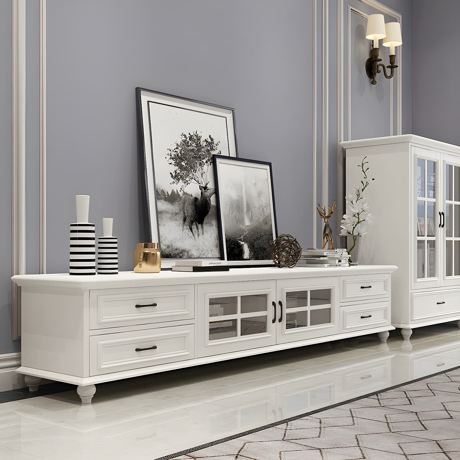 Modern Wood TV Stand with Drawers, Shelves, and Legs - Low Height - Cable Management thumbnail 4