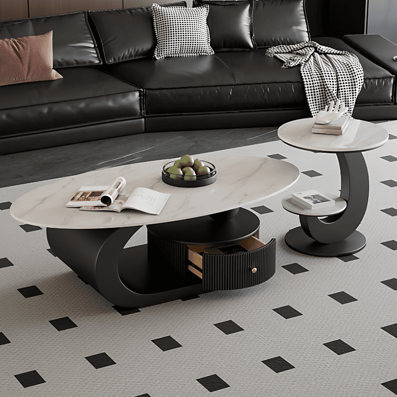 Modern Farmhouse Bunching/Single Coffee Table with Chalk Oval Slate Top, Plinth Base, and 1 Drawer thumbnail 4