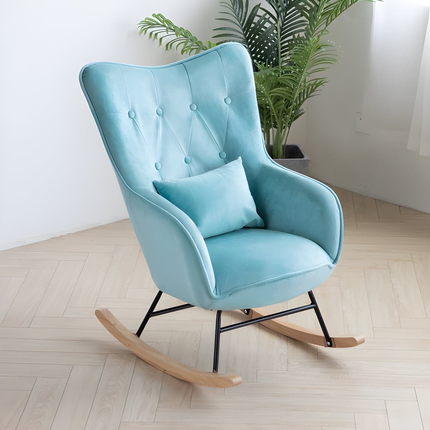 Scandinavian Rocking Chair with Wing Back and Wood Legs, Pillow Included thumbnail 7