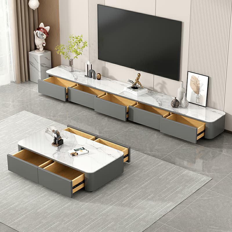 Stone Low TV Stand with Soft-close Drawers and Cable Management thumbnail 7