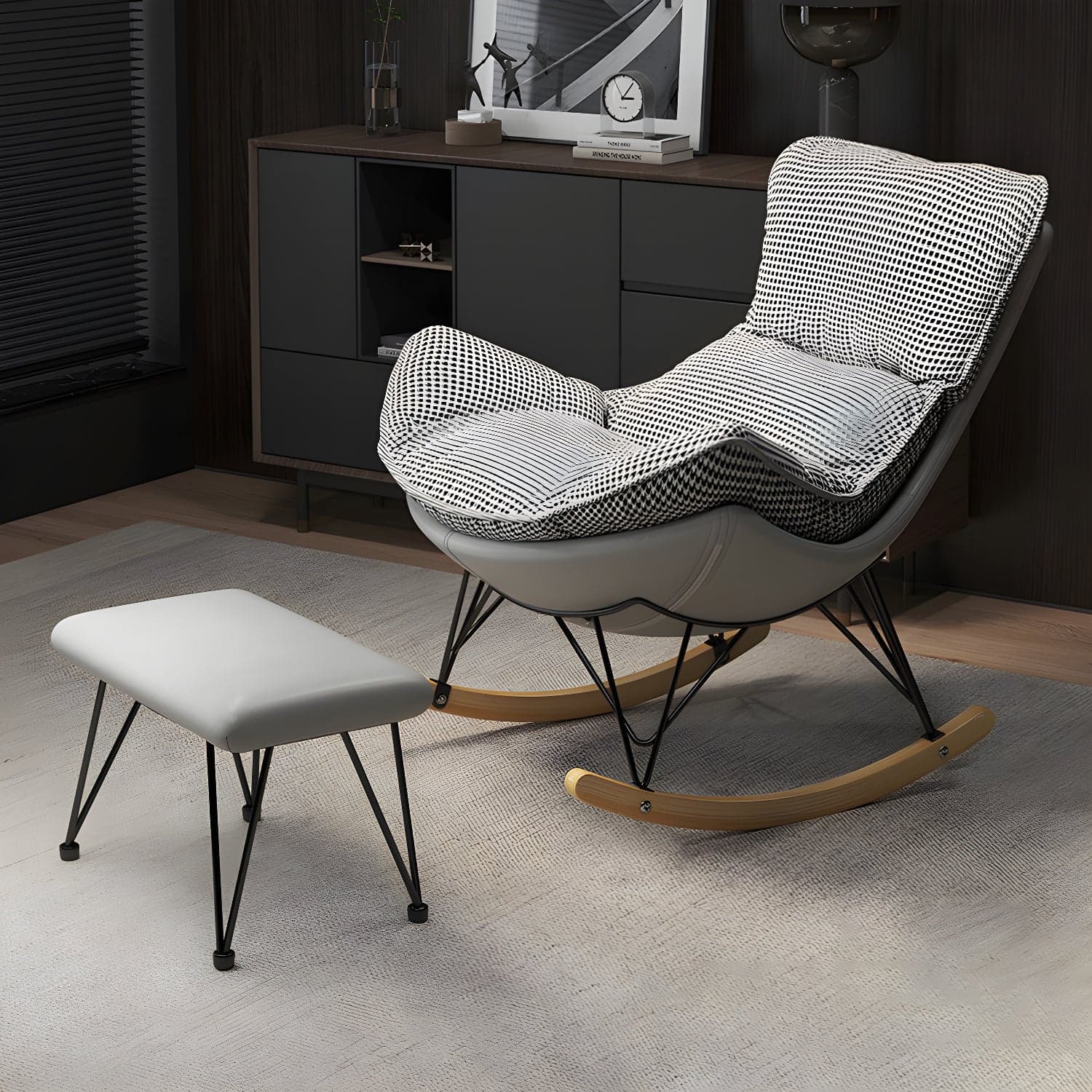 Wing Back Rocking Chair Solid Wood Rocker Chair with Ottoman thumbnail 2