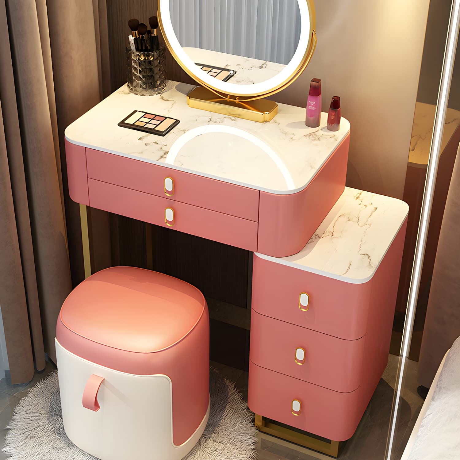 Stone Top Vanity with Storage Drawers Makeup Vanity Desk with Stool and Mirror thumbnail 17