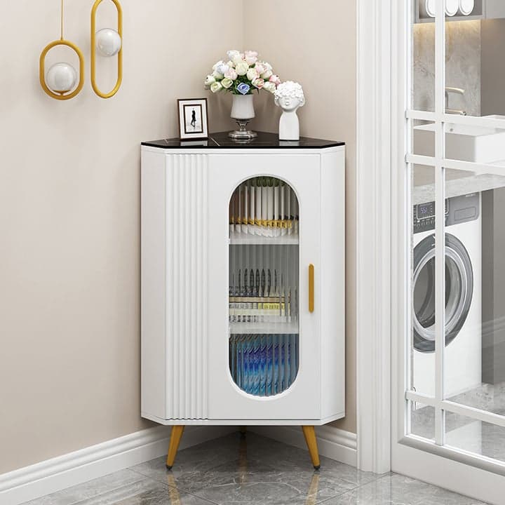Elegant Corner Modern Accent Cabinet with Glass Doors and Metal Base thumbnail 2