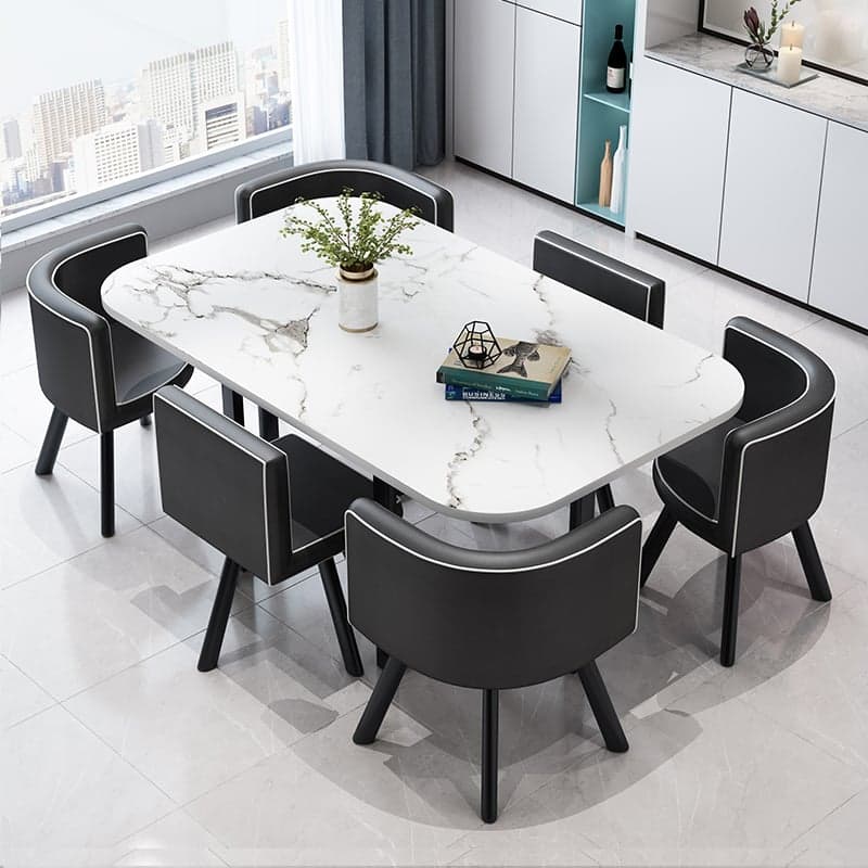 Rectangular Dining Table Set with Slate Stone Top, 4 Legs, Padded Chair, Back, 7 Piece Set in White