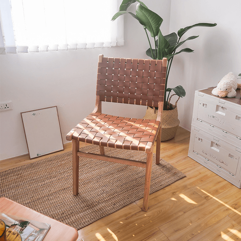 Modish Stable Genuine Leather/Rope/Faux Leather Woven Side Chair with Wood Framed Open Back and Natural Finish/Brown Base thumbnail 2