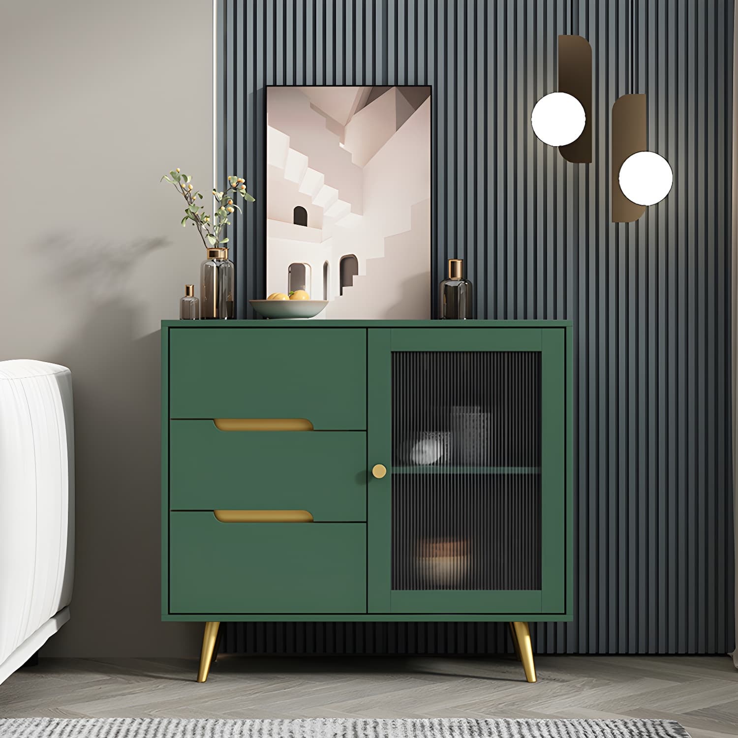3-Drawer Engineered Wood Sideboard Modern Glass Doors Cabinets Credenza for Living Room thumbnail 3