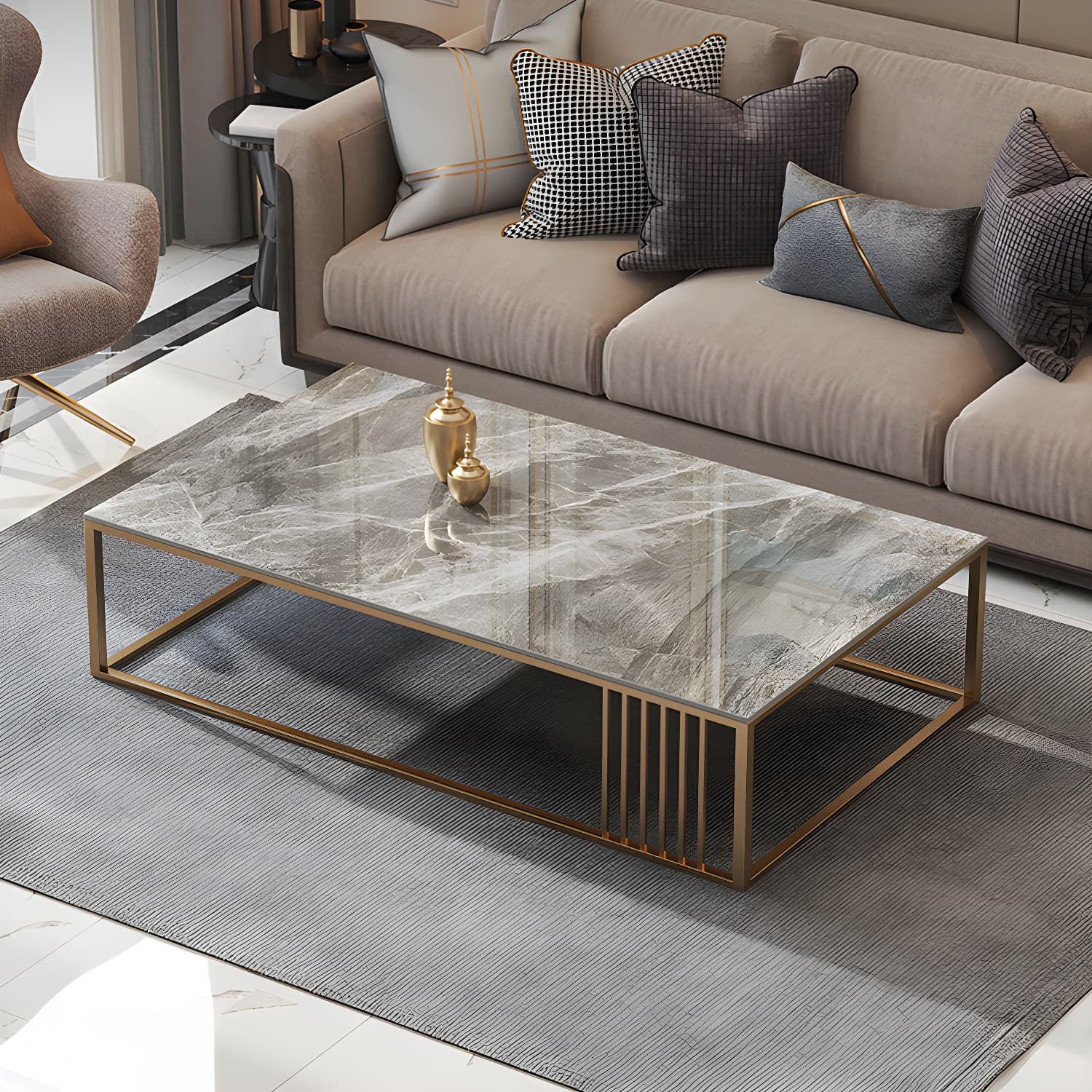 Glam Style Gold Iron Frame Coffee Table Gray Slate Table Top Coffee thumbnail 4