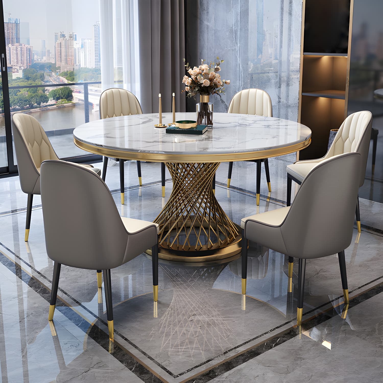Glam Round Marble Dining Set with Gold Metal Pedestal Base - Fixed Table in White thumbnail 2