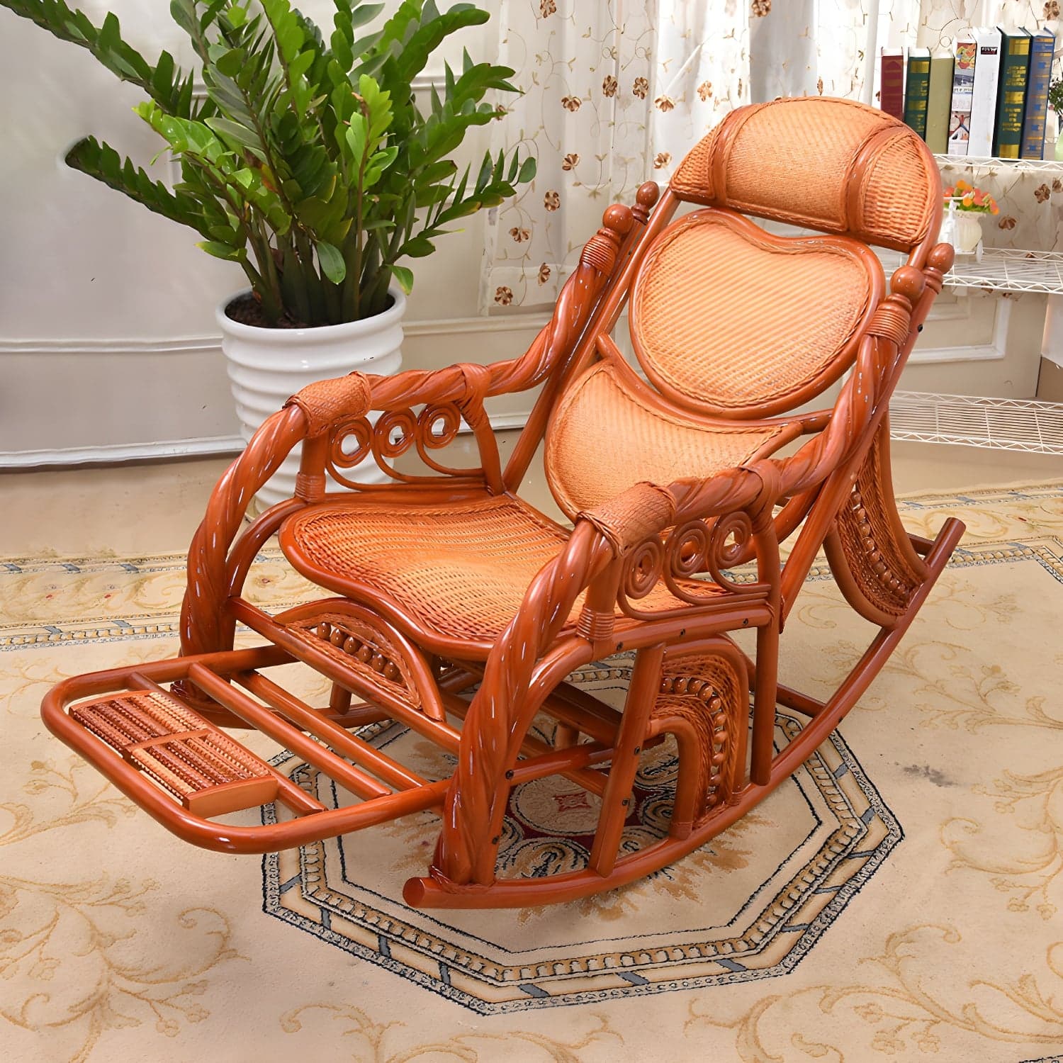 Traditional Spindle Rocking Chair Tobacco Finish with Pillow Rocker Chair Wicker thumbnail 6