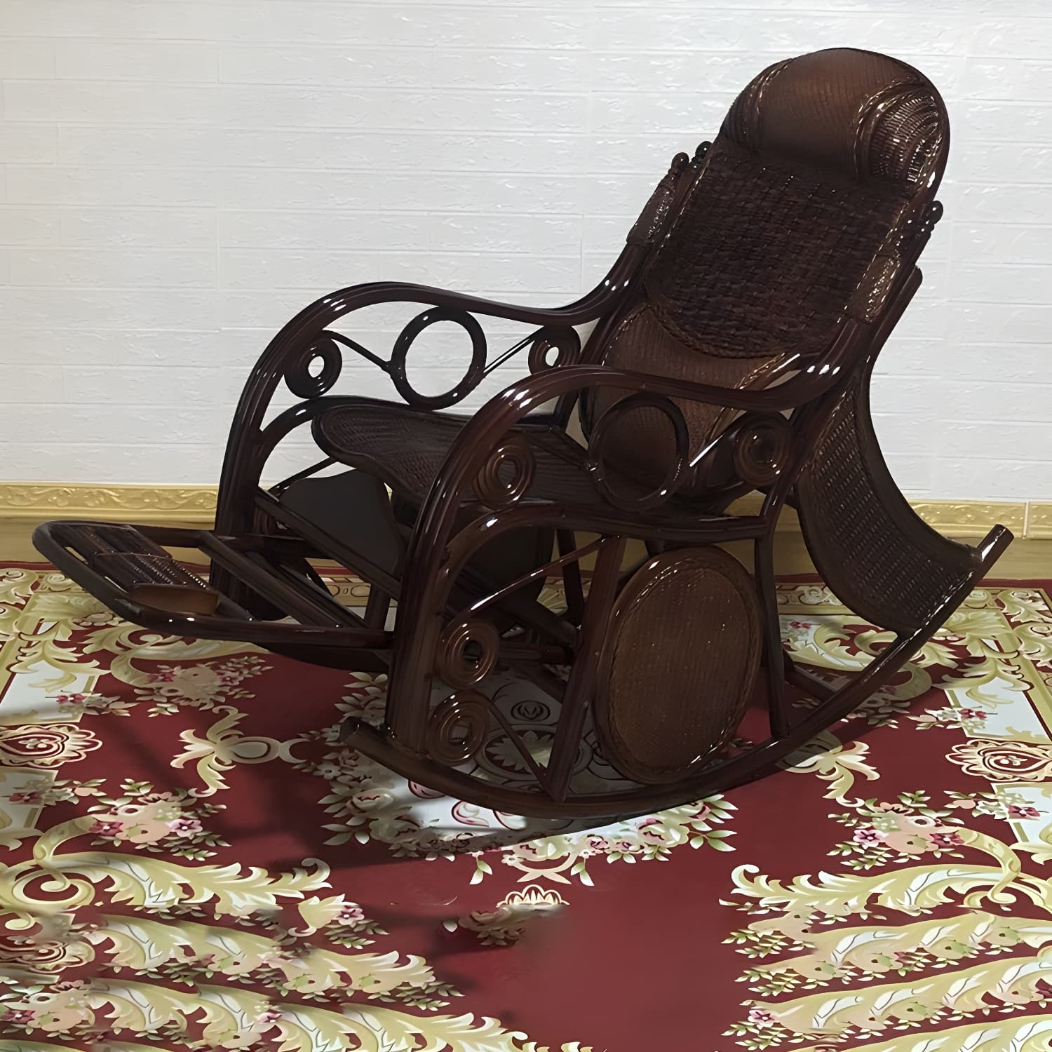 Traditional Rocking Chair Rattan Solid Color Spindle Backrest Indoor Rocking Chair thumbnail 2