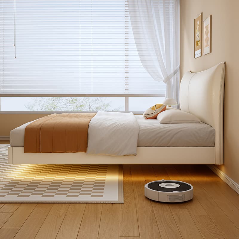 White Contemporary Solid Color Floating Bed with Lumber Slats for Bedroom thumbnail 4