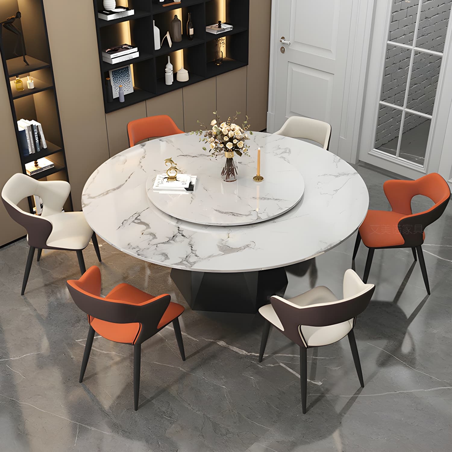 Round White Marble Modern Dining Table with Black Steel Pedestal Base and Convenient Lazy Susan thumbnail 10