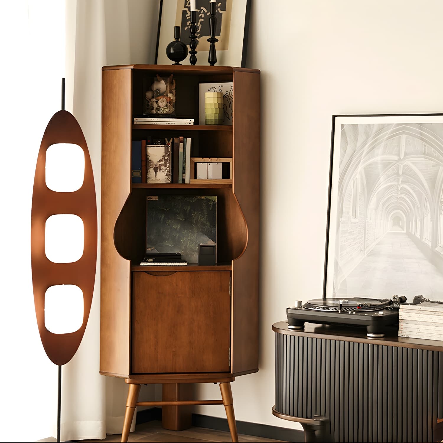 Corner Mid-Century Modern Accent Cabinet with Wood Countertop, Glass Doors, and 5 Shelves thumbnail 3