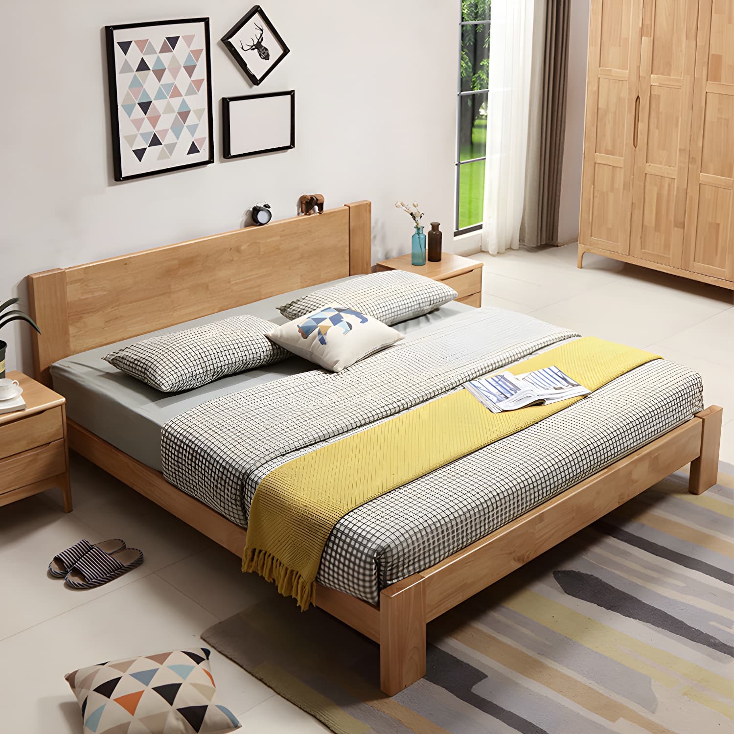 Modern Solid Color Panel Bed Rubberwood Standard Bed with Headboard thumbnail 11