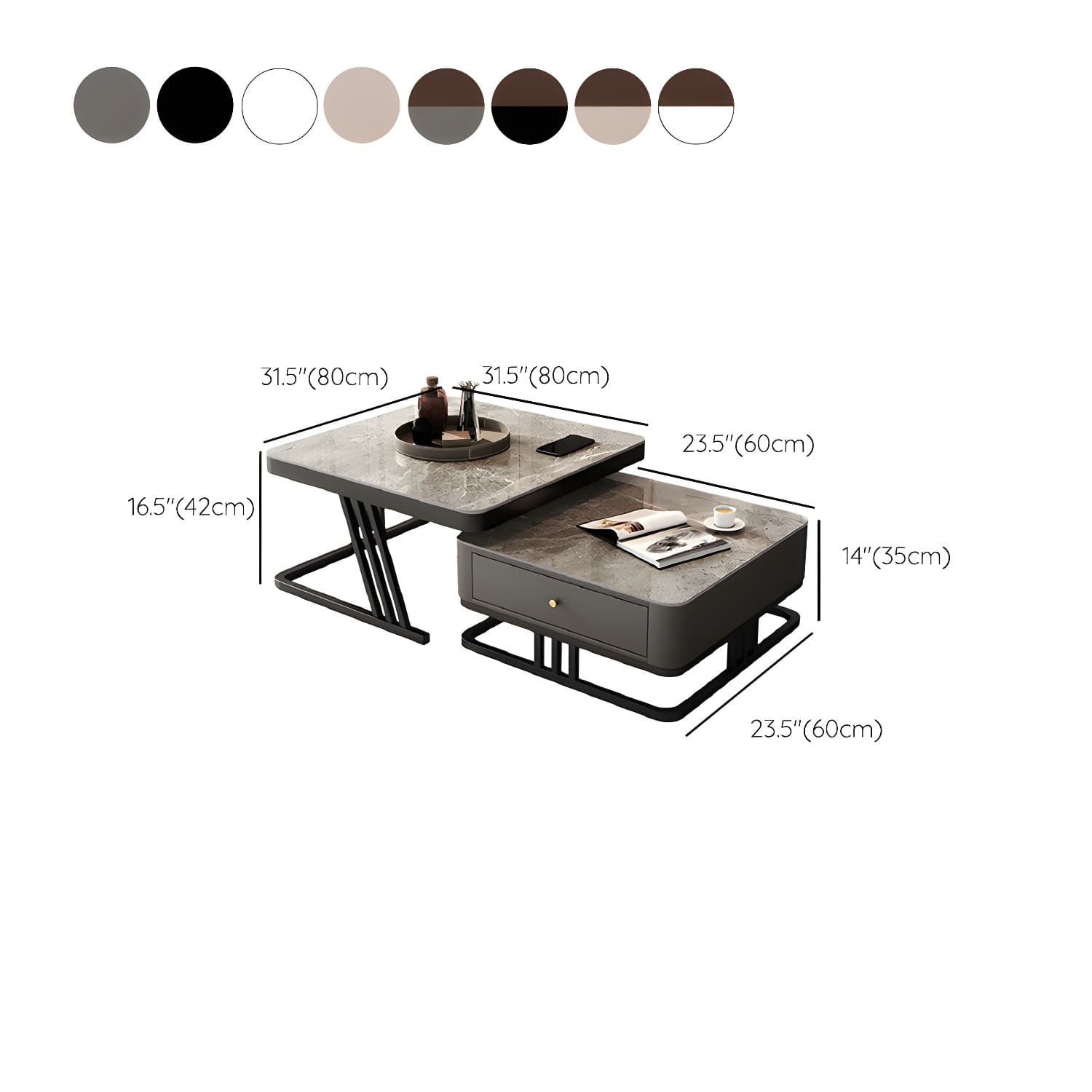 Modern Round Glass / Slate Cocktail Table Steel Frame Coffee Table with Drawer thumbnail 16