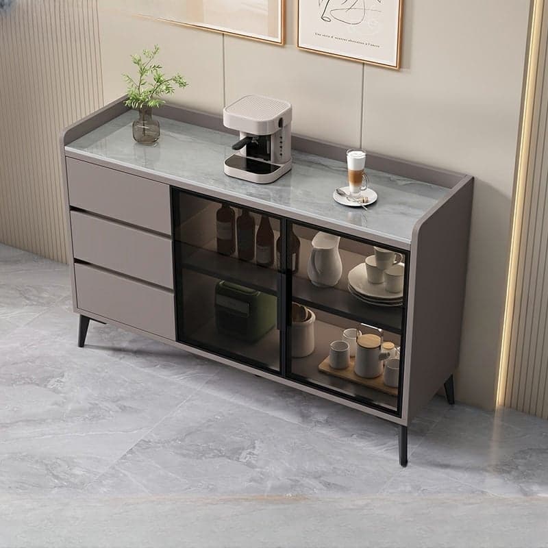 Stone Top Modern Wood Sideboard Credenza with 3 Drawers and Glass Doors thumbnail 3