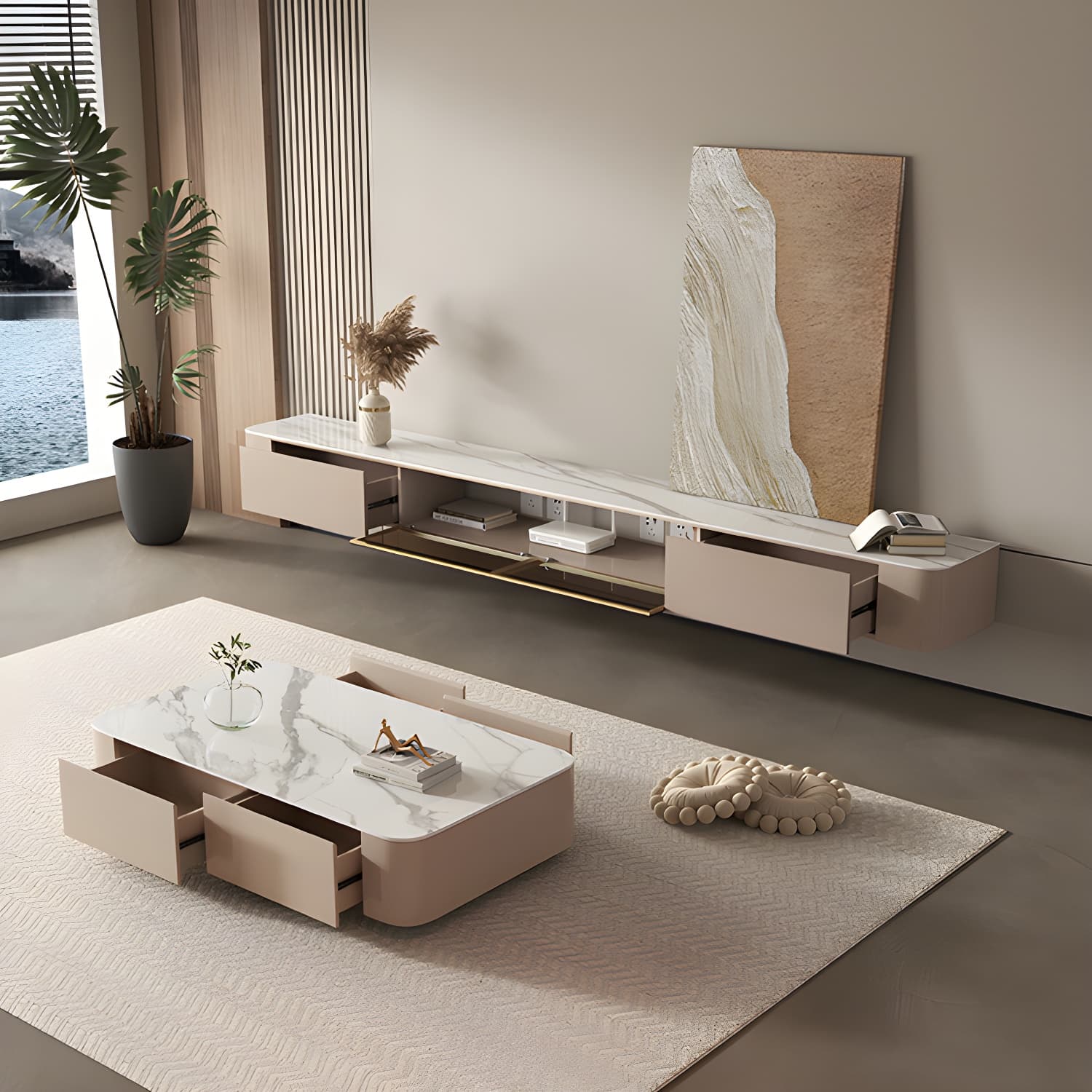 Brown Modern TV Stand with Floating Mount Design, Drawers, and Cable Management thumbnail 2
