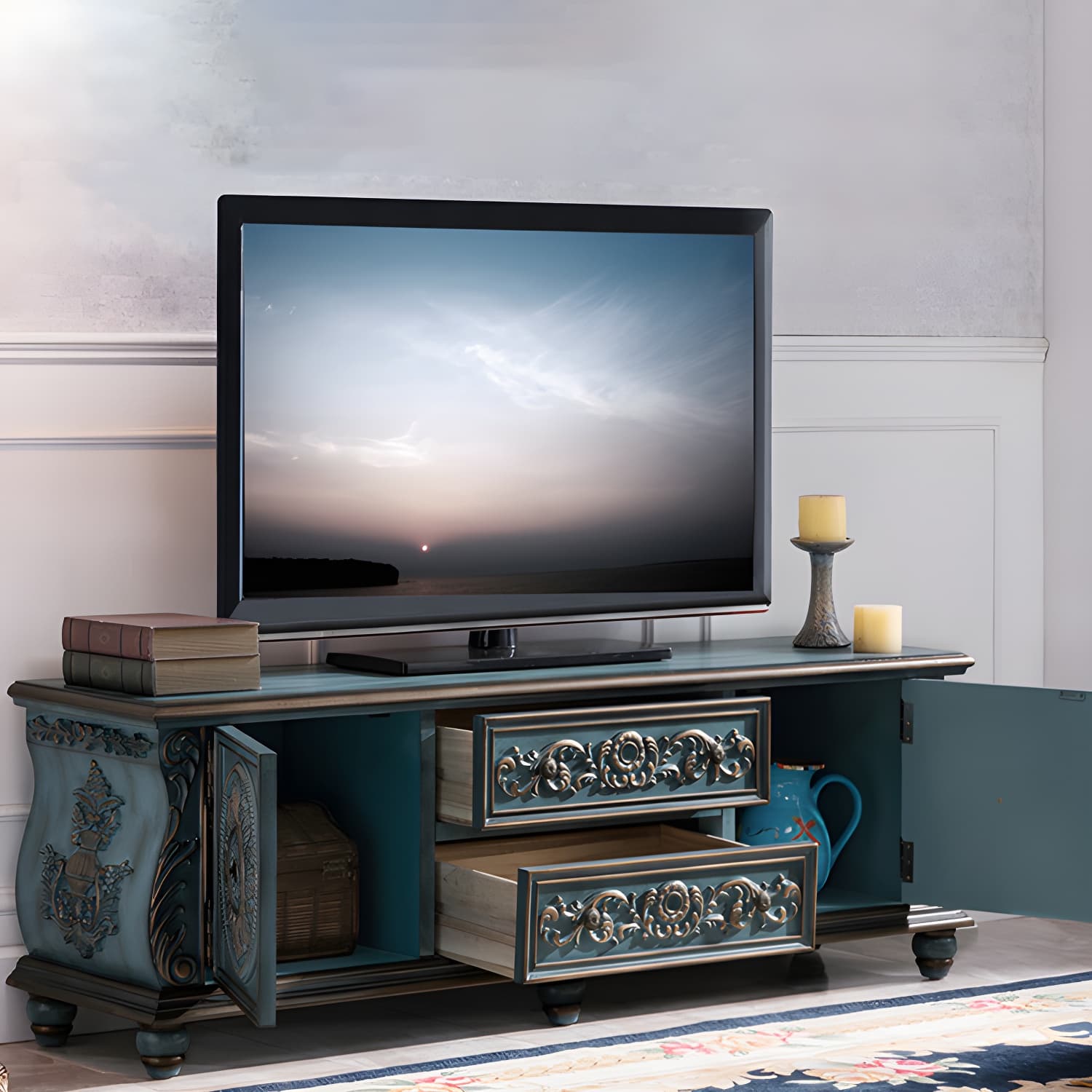 Traditional Rubberwood Media Console Matte Finish TV Media Stand with Drawers thumbnail 14