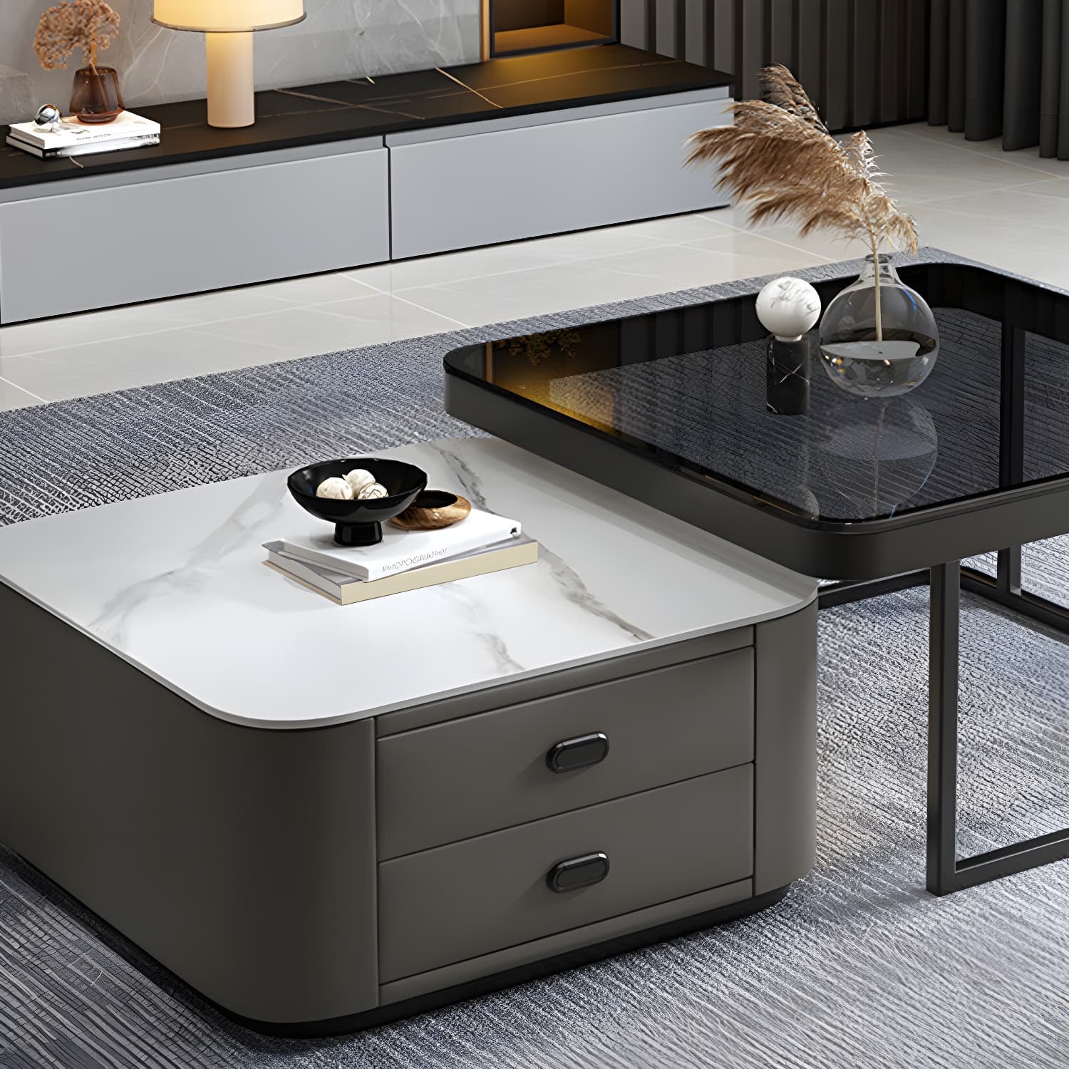 Square Coffee Table Glass Top 2 Nesting Coffee Table Set with Storage thumbnail 15