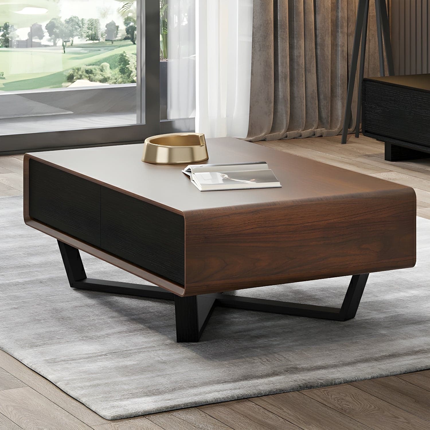 Rectangular Wood Modern Coffee Table with Black Metal Cross Legs and Storage Drawers thumbnail 5